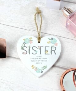 Personalised Sister Floral Wooden Heart Decoration
