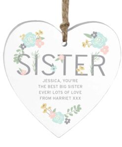 Personalised Sister Floral Wooden Heart Decoration
