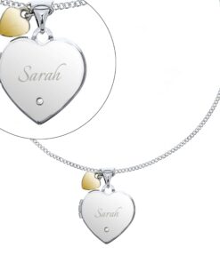 Personalised Sterling Silver Heart Locket Necklace with Diamond and 9ct Gold Charm