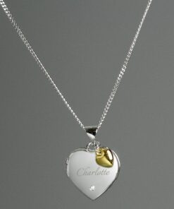Personalised Sterling Silver Heart Locket Necklace with Diamond and 9ct Gold Charm