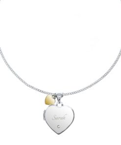 Personalised Sterling Silver Heart Locket Necklace with Diamond and 9ct Gold Charm