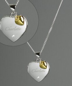 Personalised Sterling Silver Heart Locket Necklace with Diamond and 9ct Gold Charm