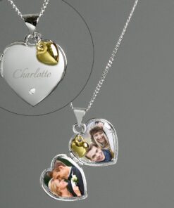 Personalised Sterling Silver Heart Locket Necklace with Diamond and 9ct Gold Charm