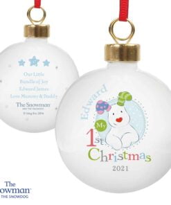 Personalised The Snowman and the Snowdog My 1st Christmas Blue Bauble