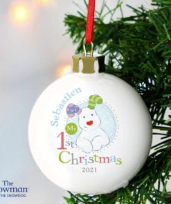 Personalised The Snowman and the Snowdog My 1st Christmas Blue Bauble
