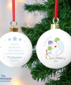Personalised The Snowman and the Snowdog My 1st Christmas Blue Bauble