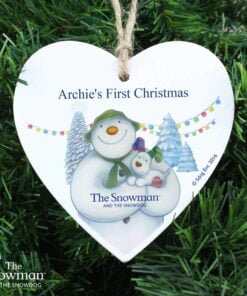 Personalised The Snowman and the Snowdog Wooden Heart Decoration