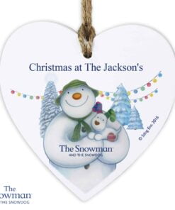 Personalised The Snowman and the Snowdog Wooden Heart Decoration
