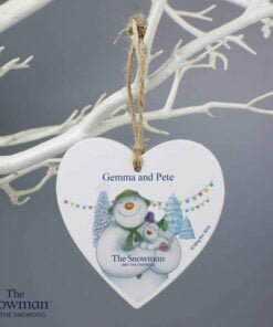 Personalised The Snowman and the Snowdog Wooden Heart Decoration