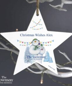 Personalised The Snowman and the Snowdog Wooden Star Decoration