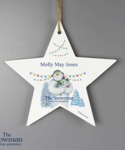 Personalised The Snowman and the Snowdog Wooden Star Decoration