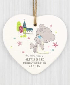 Personalised Tiny Tatty Teddy Christening Ceramic Heart Decoration
