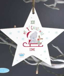Personalised Tiny Tatty Teddy My 1st Christmas Sleigh Wooden Star Decoration