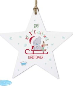 Personalised Tiny Tatty Teddy My 1st Christmas Sleigh Wooden Star Decoration