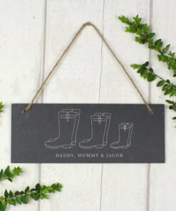 Personalised Welly Boot Family of Three Hanging Slate Plaque