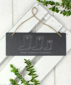 Personalised Welly Boot Family of Three Hanging Slate Plaque