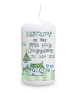 Personalised Whimsical Church Blue 1st Holy Communion Pillar Candle