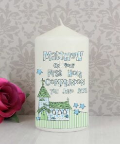 Personalised Whimsical Church Blue 1st Holy Communion Pillar Candle