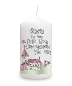 Personalised Whimsical Church Pink 1st Holy Communion Pillar Candle