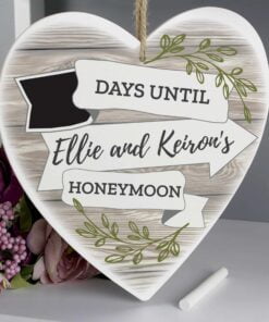 Personalised White Arrow Banner Chalk Countdown Wooden Heart Decoration