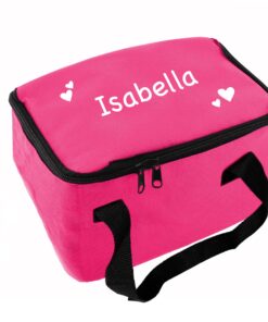 Personalised White Hearts Pink Lunch Bag