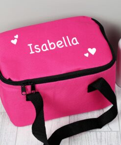 Personalised White Hearts Pink Lunch Bag