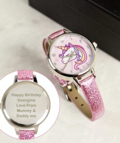 Personalised Unicorn with Pink Glitter Strap Girls Watch