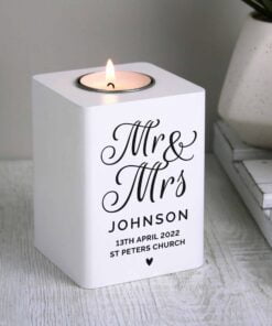 Mr & Mrs White Wooden Tea light Holder