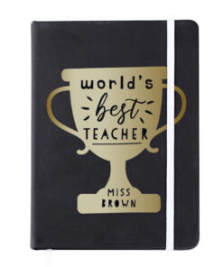 Personalised Worlds Best Teacher Trophy Black Hardback Notebook