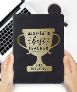 Personalised Worlds Best Teacher Trophy Black Hardback Notebook