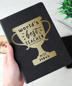 Personalised Worlds Best Teacher Trophy Black Hardback Notebook
