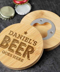 Personalised Beer Goes Here Bamboo Bottle Opener Coaster