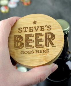 Personalised Beer Goes Here Bamboo Bottle Opener Coaster and Ale Gift Set