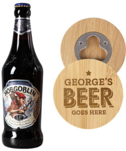Personalised Beer Goes Here Bamboo Bottle Opener Coaster and Ale Gift Set