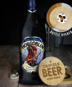 Personalised Beer Goes Here Bamboo Bottle Opener Coaster and Ale Gift Set