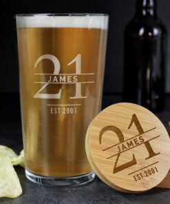 Personalised Big Age Bamboo Bottle Opener Coaster and Pint Glass Set