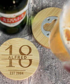 Personalised Big Age Bamboo Bottle Opener Coaster and Pint Glass Set