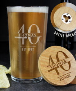 Personalised Big Age Bamboo Bottle Opener Coaster and Pint Glass Set
