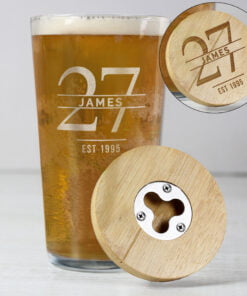 Personalised Big Age Bamboo Bottle Opener Coaster and Pint Glass Set