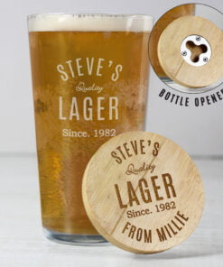 Personalised Free Text Bamboo Bottle Opener Coaster and Pint Glass