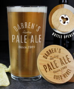 Personalised Free Text Bamboo Bottle Opener Coaster and Pint Glass
